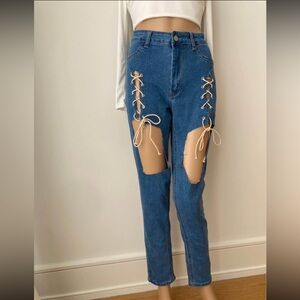 SHEIN lace-up cutout jeans